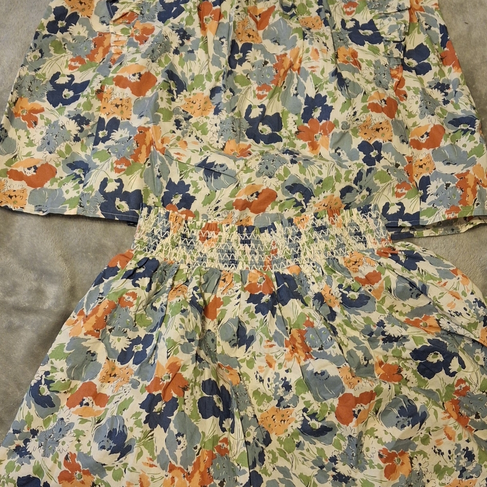 Floral Smocked Waist Two-Piece Set in Cream, Blue & Orange